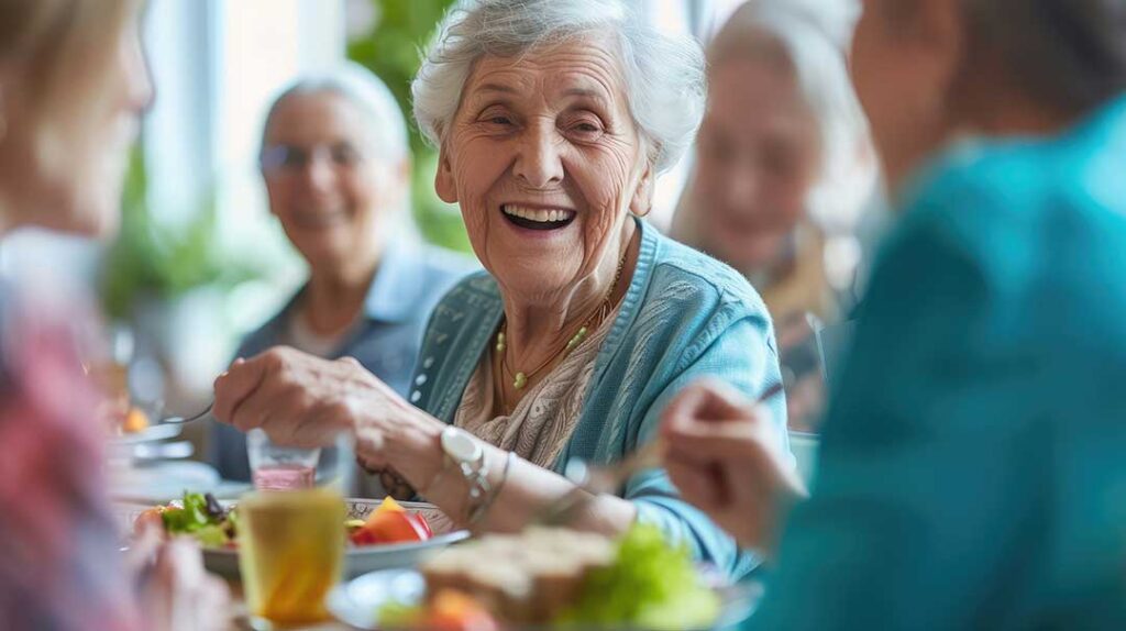Family members review a care plan with an older adult at a table in an assisted living room.